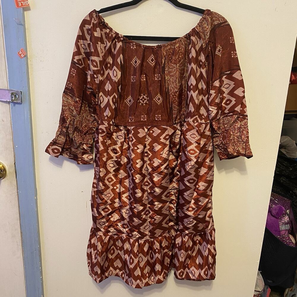 Mini Smocked Dress S Hippie Indian Festival Bohemian 3/4 Sleeve Geo Silky Statin - Picture 8 of 10